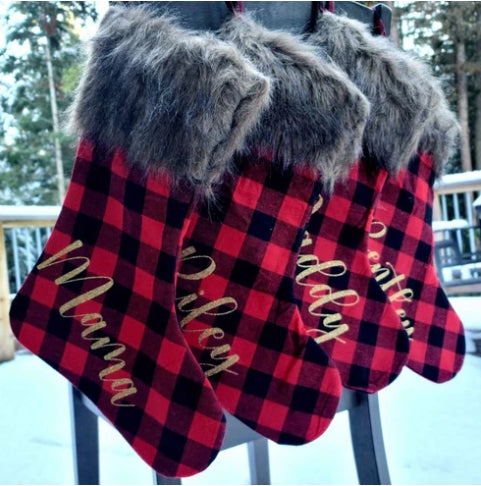 Classic Plaid & Fur Christmas Stockings